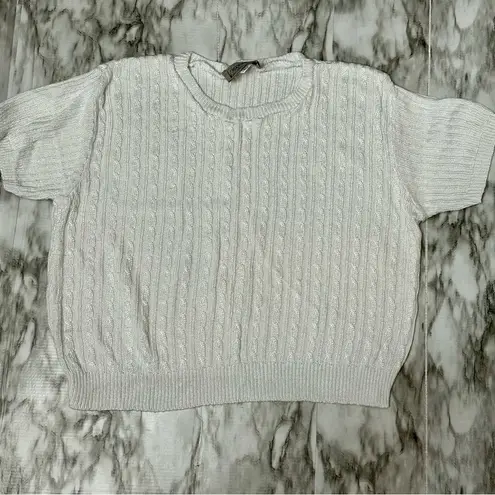 Women's White Cable Knit Sweater Vintage 90s Rayon Blend Cropped Short Sleeve Size L
