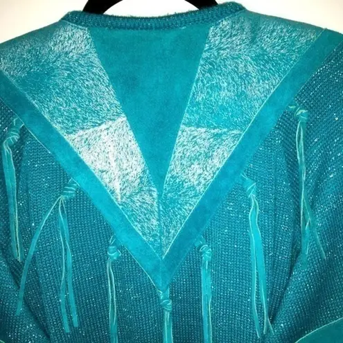 Vintage Turquoise Western Wear Suede Metallic Tassel Sweater Size Medium