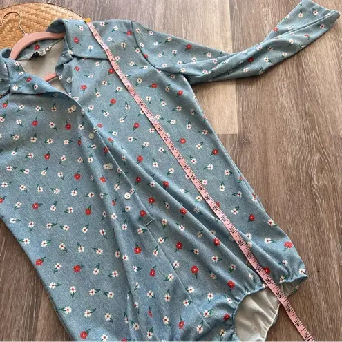 Vintage 1970’s retro floral‎ printed bodysuit play suit women’s size L Blue Size L