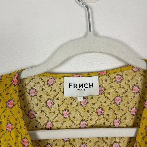FRNCH Paris Yellow Floral Wrap Midi Dress S V-Neck Puff Sleeves Cinch Waist Tie
