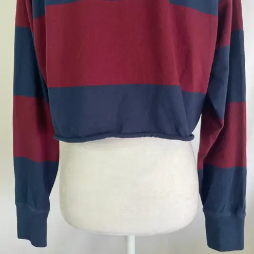 American Eagle New  Throwback Rugby Stripe Cropped Polo Shirt Maroon Navy Size XS