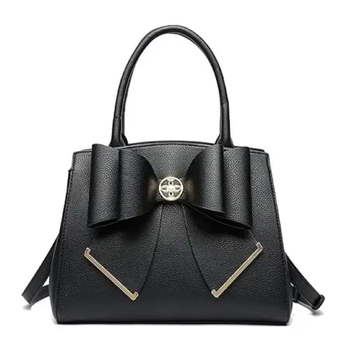 Grosee Black Faux Leather Top Handle Bow Accent Satchel Bag