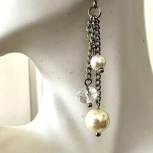 Faux pearl silver chain drop earrings