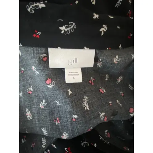J Jill Black Floral Tie Waist Wide Leg Short Sleeve Casual Flowy Jumpsuit Sz L Size L