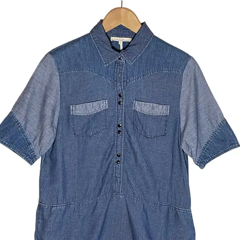 Maje Women’s Mixed Chambray Blue Pearl Snap Front Western Mini Dress