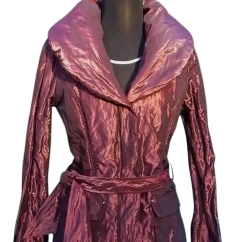 Cache Berry Metallic Sheen Jacket Lined Belt Puffer Exaggerated Collar NWT $238 Red Size L