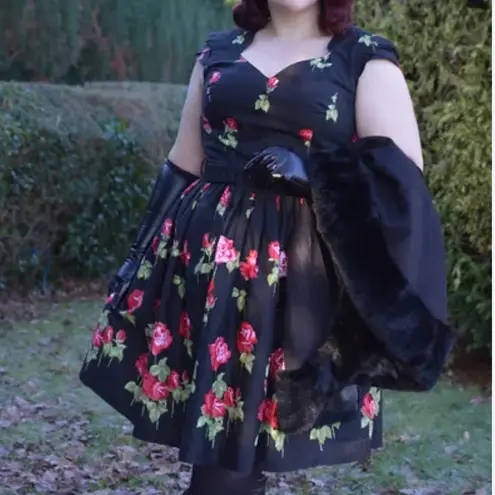 Hell Bunny Antonia Mid Dress Rose Print Floral Fit Flare Retro Pinup Rockabilly