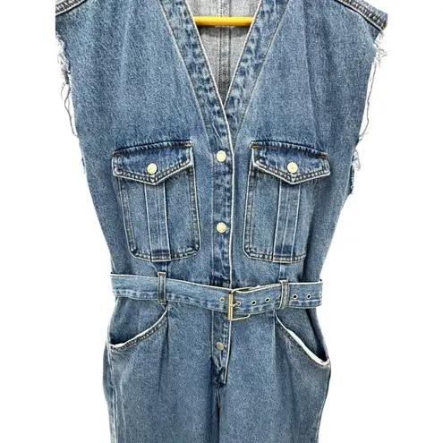 Blank NYC Denim Jumpsuit SMALL Relaxed Fit Belted Cropped Raw Straight Leg Blue