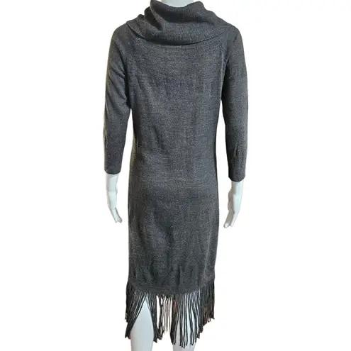 New York & Company Gray Knit Sweater Dress Cowl Neck Fringe Size S