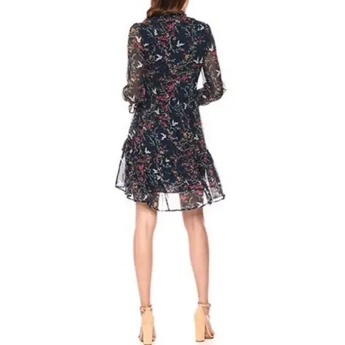 The Kooples Sheer Floral Bird Silk Tiered Ruffle Dress Whimsical Cottagecore