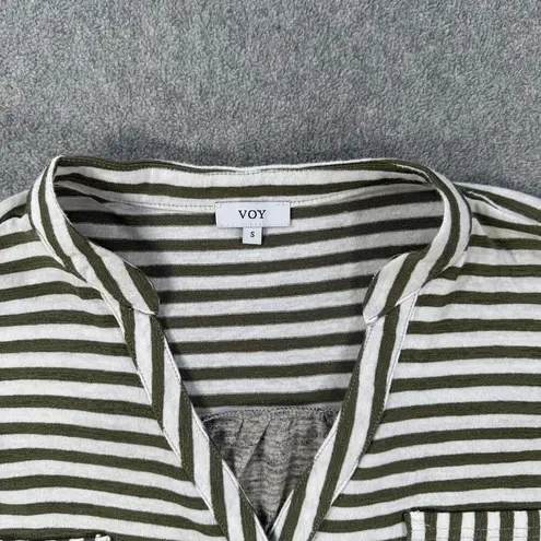 Voy HIgh Low Stripe Top Women's Small Green Short Sleeve Mixed Media Pockets
