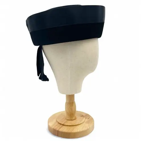 Vintage 1950s Carol Black Velour Breton Hat Wide Satin Band New York Creation