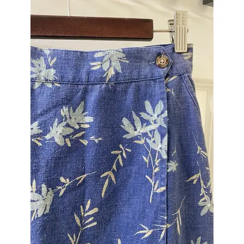 Vintage 1980s L.L. Bean Linen Floral Wrap Skirt Blue Floral Pattern Size 6