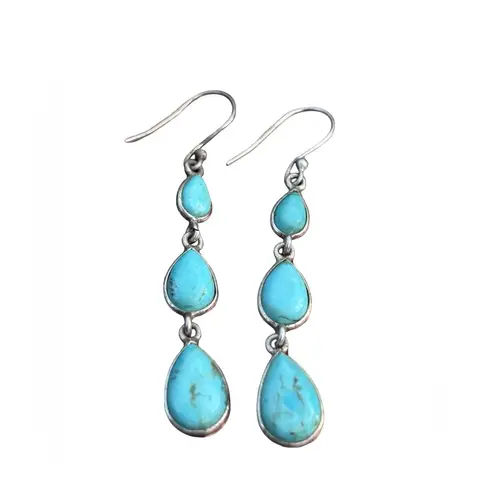 New Sterling Silver Turquoise Teardrop Cabochon Dangle Earrings Blue