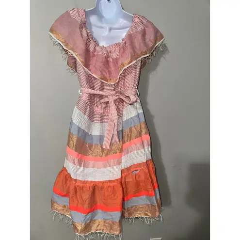 Lemlem Striped Off the Shoulder Mini Dress Tiered Fringed Hem Boho Size L READ