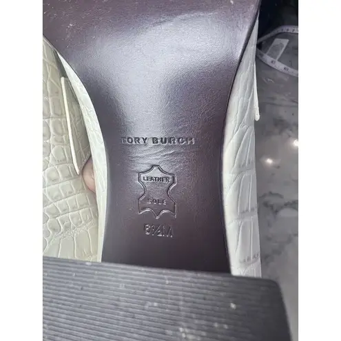 Tory Burch  Jessa White Croc Embossed Leather Brass hardware Heeled Pumps EUC 6.5