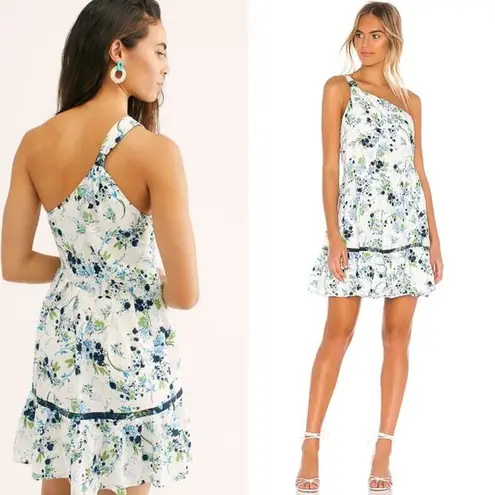 Free People  All Mine Mini Dress Size L Blue And White Floral One Shoulder