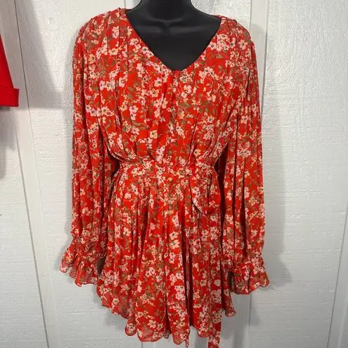 Pink Lily  Red Floral Long Sleeve Short Romper Size Medium EUC - Image 3