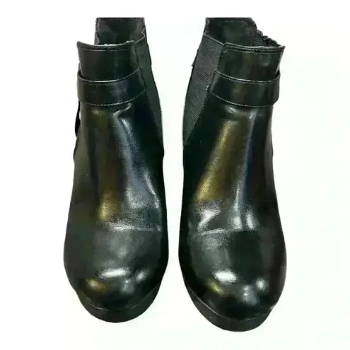 Christian Siriano black chunky block heel gold strap ankle boot size 10