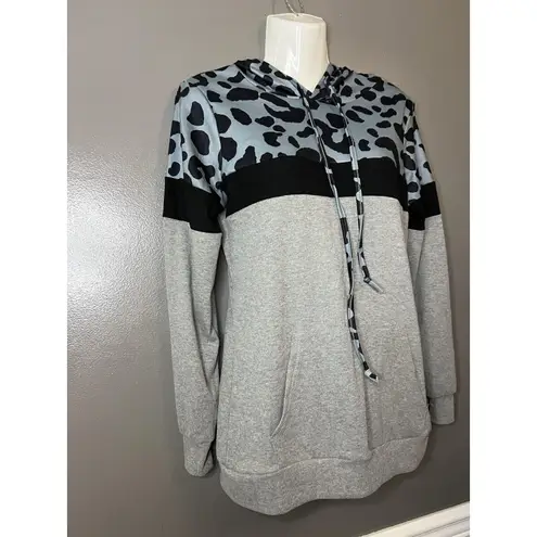 Bluetime Hoodie Womens Small Gray Leopard Colorblock Pullover Sweatshirt