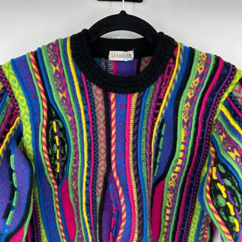 LUNEL CUB Vintage 100% Wool Geometric Coogi Style Pattern Crewneck Sweater Sz LG Purple