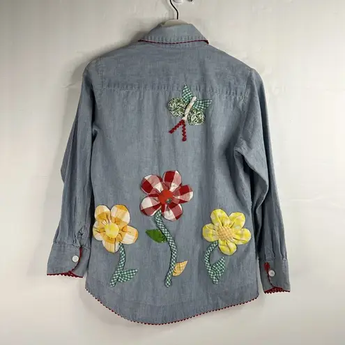 Vintage Size 10 70s Daisy Appliqué Chambray Shirt Embroidered 3D Flowers Button Blue