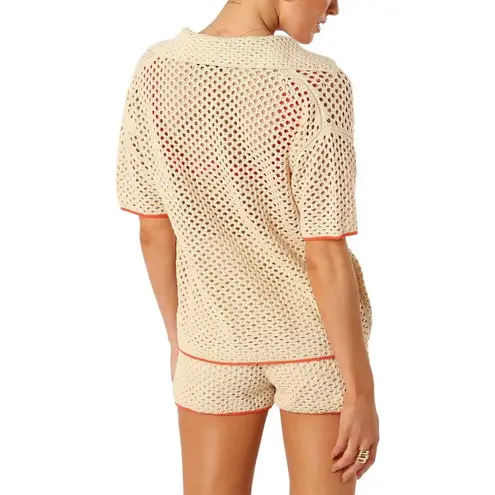 Petal + Pup Women's Crochet Knit Button Down Shirt Top, Collared, Casual Tan Size M
