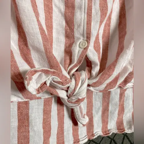 BeachLunchLounge Red and White Stripe Linen Cotton Sleeveless Button Down Tie Waist Top - XL