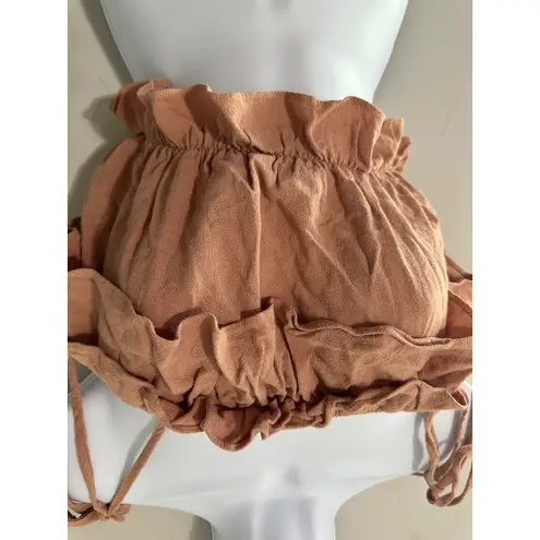 MIOU MUSE Women's Brown Ruffle Tie Strap Crop Top Size S Linen Blend Tan