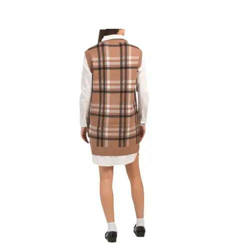 Tahari Plaid Brown Collared Two In One Long Sleeve Sweater Vest Dress Sm