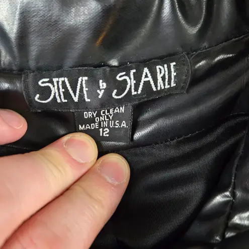 Vintage 80s Black Wool Coat Faux Leather Trim USA Made Boxy Cocoon Coat Size 12