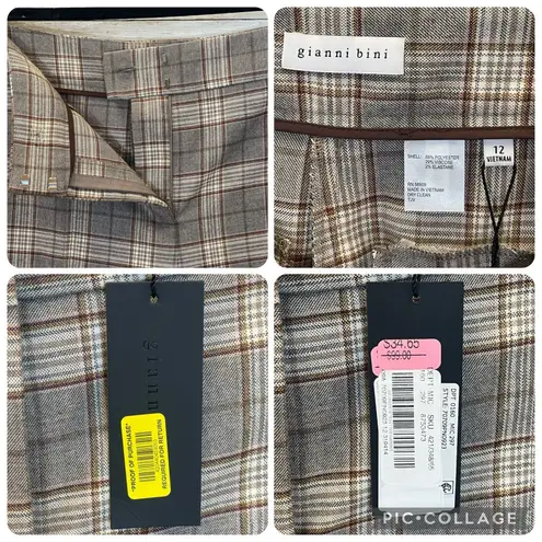 Gianni Bini NWT‎  Womens 12 Pants Alora Brown Beige Plaid Split Flat Front Y2K