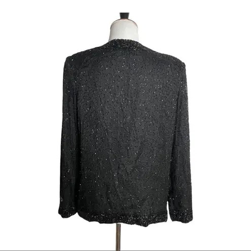 Laurence Kazar Laurence Kazer All Over Beaded Open Jacket Women Size M Black Silk Formal Party
