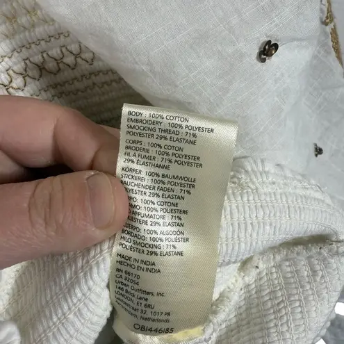 Anthropologie  Women’s Smocked Embroidered Puff Sleeve Square Neck White/Gold L