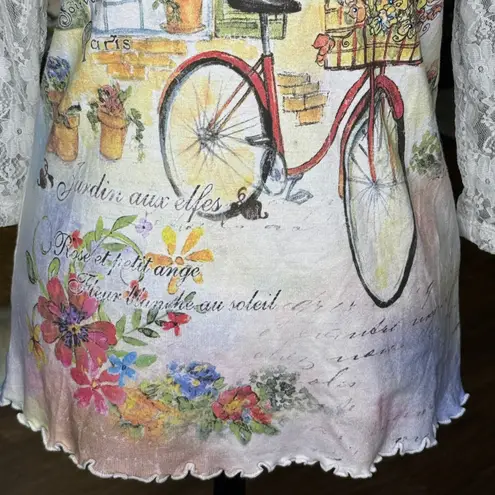 Cactus Vintage Brand Lace Sleeve Blouse Top Floral Bicycle Print Lettuce Hem Med