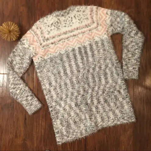 Retrology Cardigan Sweater Long Sleeve Feather Knit Pink Gray Cream Heather Med