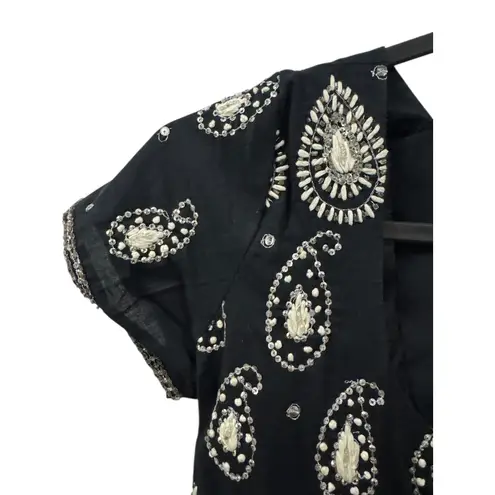 Black Paisley Beaded Short Sleeve Dress Bollywood Indian Style XS