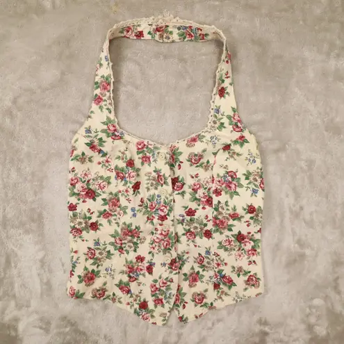 Vintage Beige Floral Linen Blend Floral Halter Top Skirt Set size 7