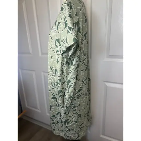 St John's Bay XL Green Tropical Print Linen Shirt Dress Short Sleeve Pockets