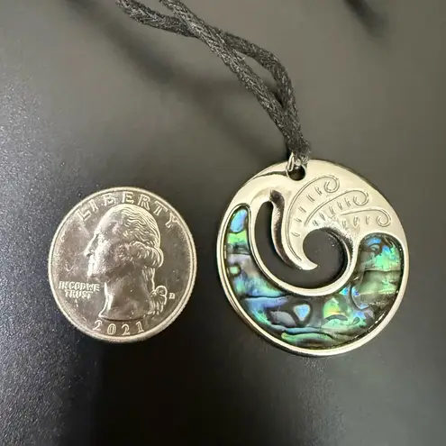 Abalone Shell Wave Silver Pendant Adjustable Cord Necklace 11g. Blue