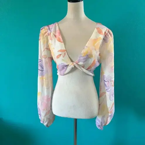 Majorelle Kyra Top Watercolor Pastels Floral Open Back V-Neck Cropped Size S