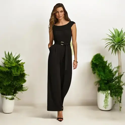Donna Karan NWT Women's Scoop Neck Sleeveless Belted Jumpsuit Black 14