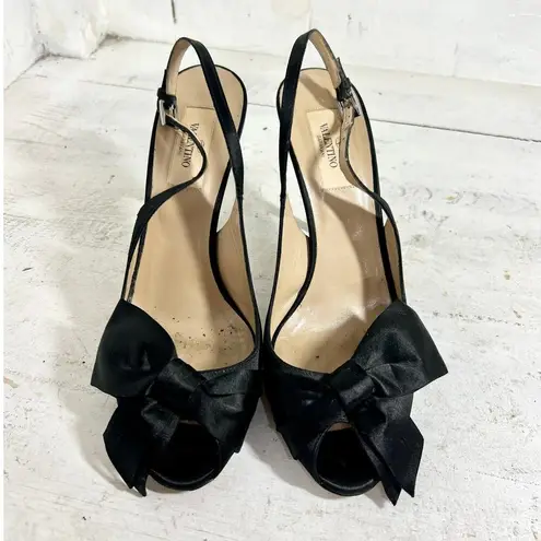 Valentino Garavani Satin Bow Peep Toe Stilettos Heel Slingback Black Womens 38.5