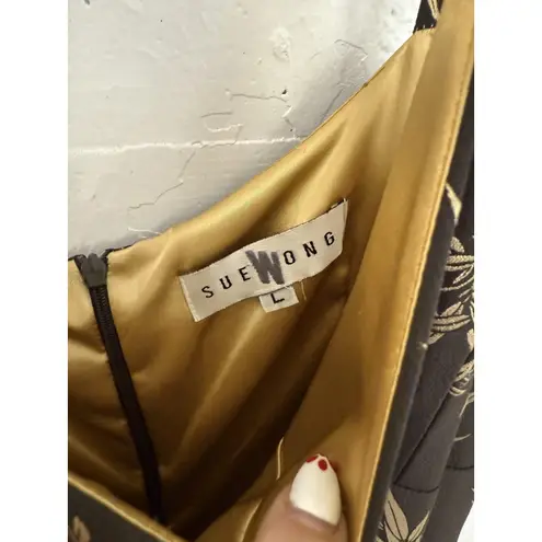 Sue Wong Dress Womens Large Brown Gold Leaf Print Silk Blend Ruffle Hem USA