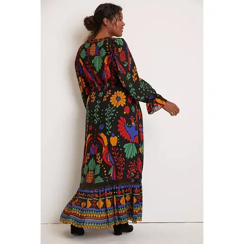 Farm Rio Georgette Tropical Puff Sleeve V-Neck Ruffle Maxi Dress Black Medium