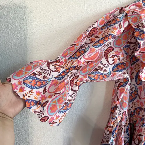 Sal Rosa Womens Dress Pink Multicolor Paisley Ruffle Collar Tiered Size Large