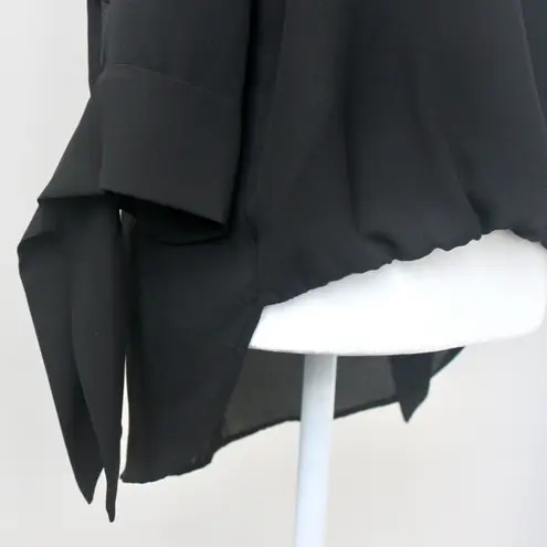 West Kei Black Tie Long-Sleeve Semi-Sheer V-Neck Flowy High-Low Blouse Small