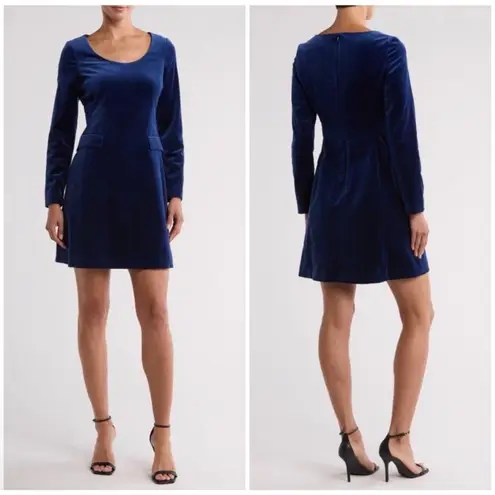 Theory New  Stretch Velvet Velour Shift Dress Flap Pockets Long Sleeve Blue Sz 10
