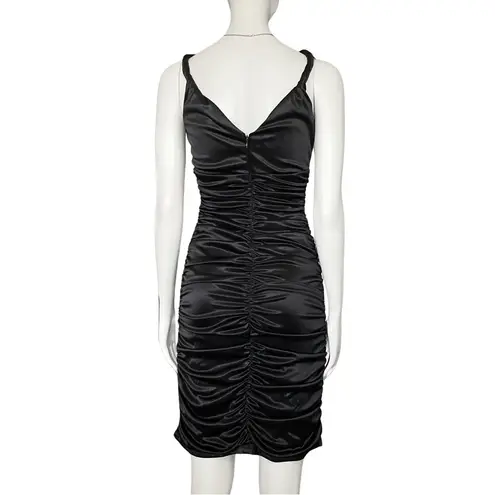 Vintage Y2K Black Satin Ruched V Neck Midi Cocktail Party Dress. XS. Graduation