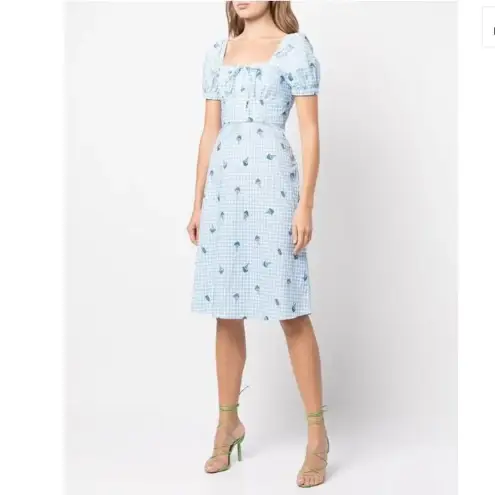 HVN Blue Holland Bow Tie Cotton Gingham Midi Dress sz 2 Blue